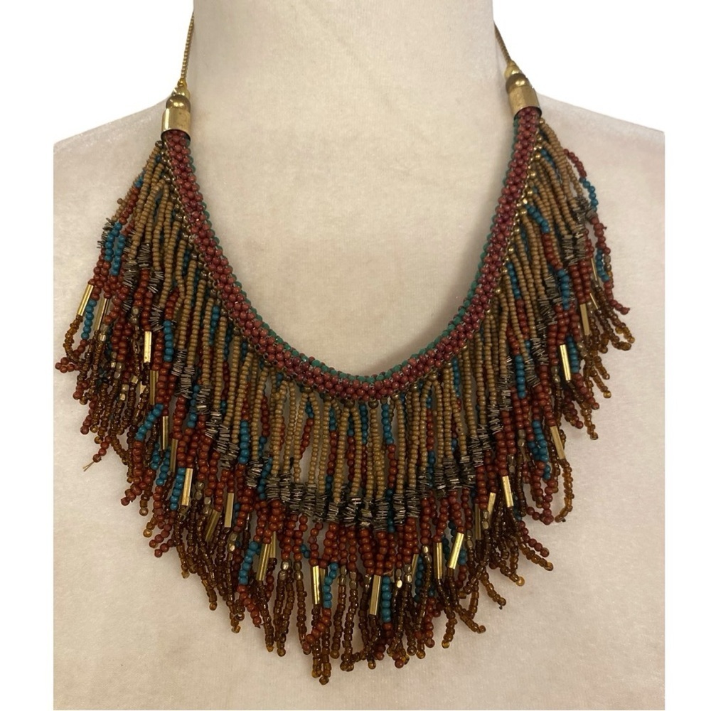 Vintage Bohemian Womens Seed Beaded Fringe Necklace